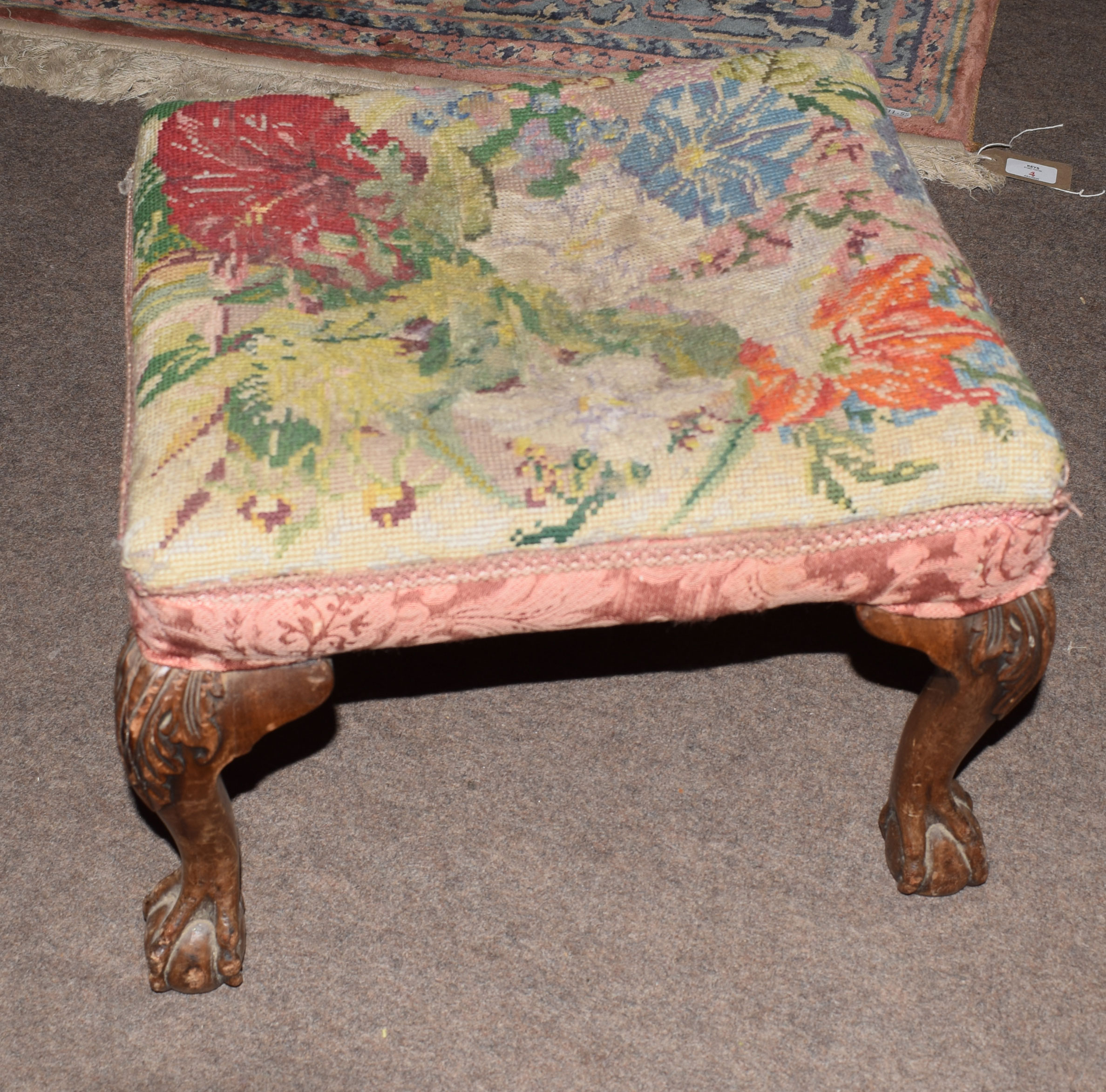 Group of three stools, the first: Queen Anne style in walnut on four shell carved cabriole legs with - Image 2 of 3