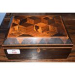 Late Georgian stained wood and parquetry inlaid small sewing box with cuboid pattern to the lid,