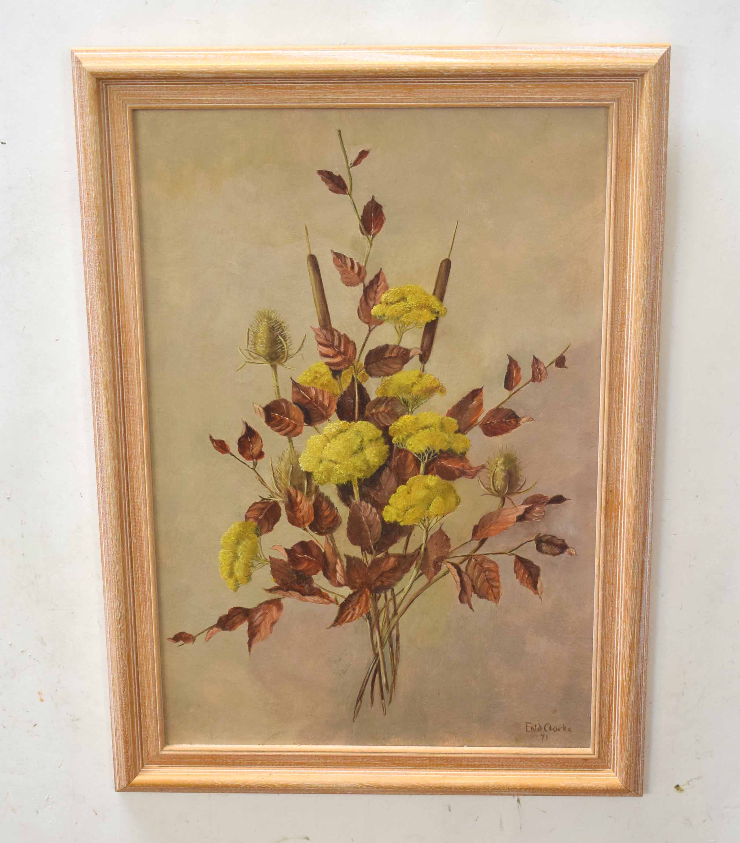 Enid Clarke (20th century), Flower study, oil on board, signed and dated 71 lower right, 57 x 38cm