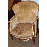 French style walnut framed and mushroom Dralon upholstered button back armchair supported on four