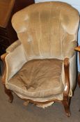 French style walnut framed and mushroom Dralon upholstered button back armchair supported on four