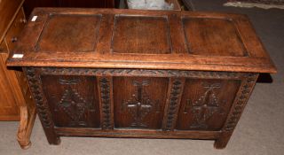 18th century oak coffer with three inset panels to top, the front with three lozenge carved panels