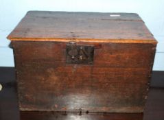 17th/18th century small oak storage box with three plank hinged top, iron fittings, 53cm wide x 37cm