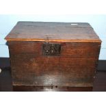 17th/18th century small oak storage box with three plank hinged top, iron fittings, 53cm wide x 37cm