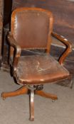 1930s oak framed and rexine covered office armchair with swivel mechanism (a/f)