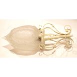 Edwardian wrought iron ceiling sconce/light with conical frosted glass shade etched with