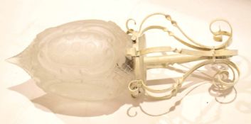 Edwardian wrought iron ceiling sconce/light with conical frosted glass shade etched with