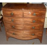 Late Georgian mahogany bow front chest of two and three drawers with replacement brass ring