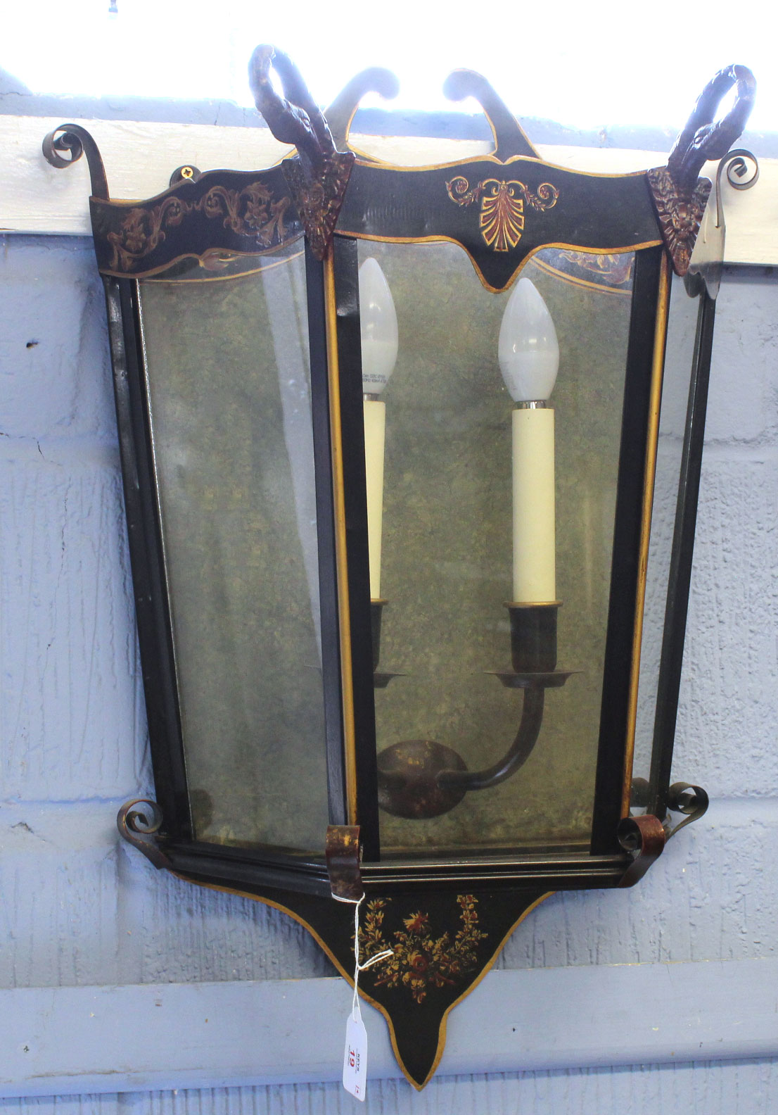 Set of four mid/late 20th century carriage style painted metal and glass wall lights with - Image 2 of 2