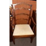 19th century mahogany pierced rail ladderback armchair on front moulded square legs joining a base
