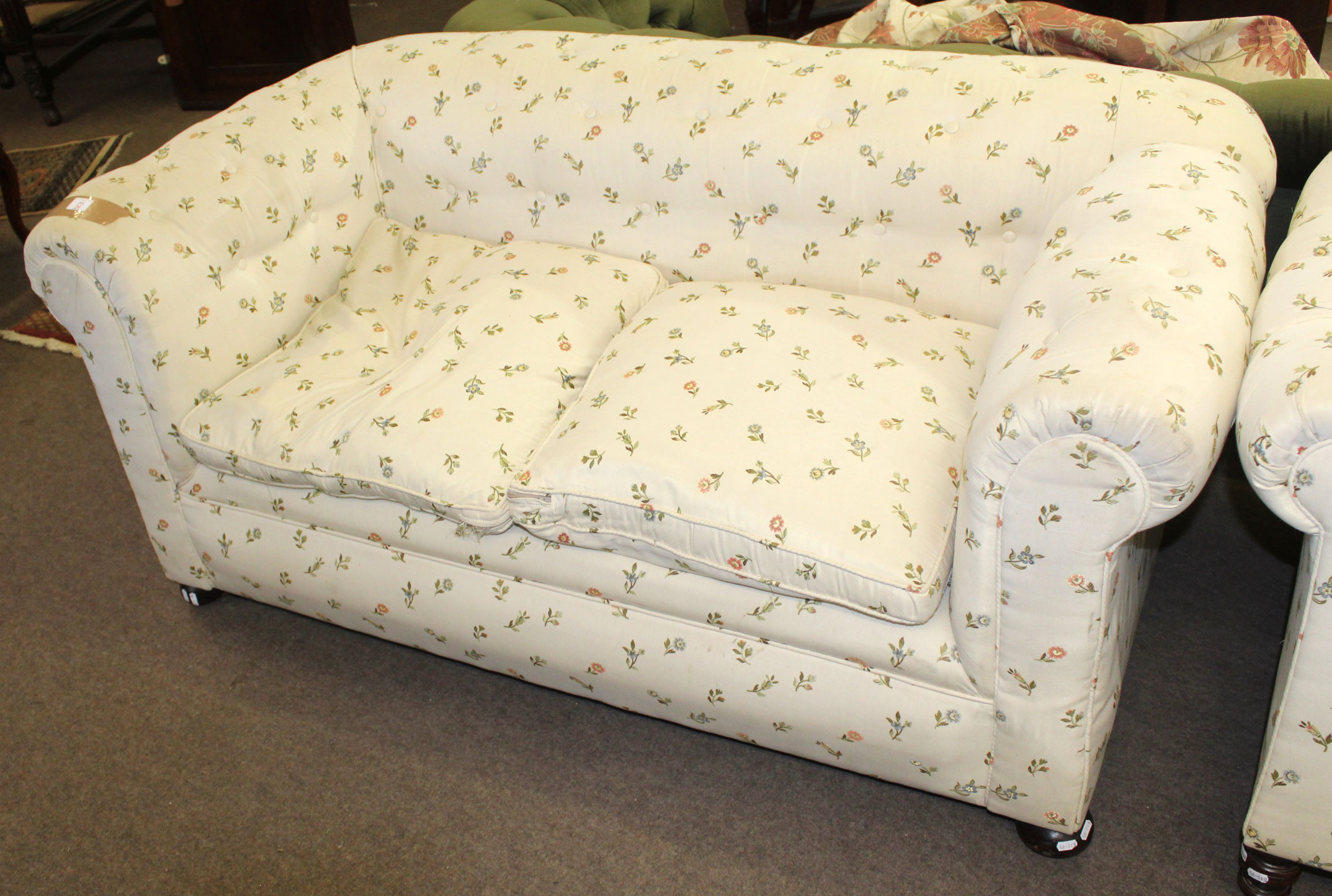 Matched pair of late Victorian Chesterfield sofas both upholstered in matching floral button back ( - Image 2 of 2