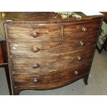 19th century mahogany bow front chest of two and three drawers with turned handles and splayed feet,