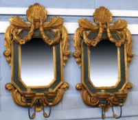 Pair of mid/late 20th century Florentine style girandoles in carved giltwood with dark green painted