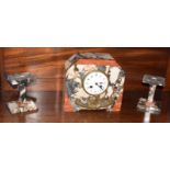Art Deco period marble clock garniture, the clock with French striking movement, the side supports