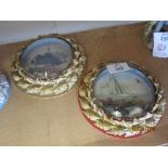 TWO CIRCULAR PRINTS OF SHIPS, ONE A BATTLESHIP, ONE A SAILING SHIP, WITHIN SHELL MOULDED FRAMES,