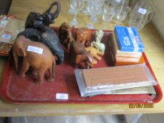 SELECTION OF VARIOUS TREEN AND STONEWARE ELEPHANT FIGURES TOGETHER WITH CRIB BOARDS, PLAYING CARDS