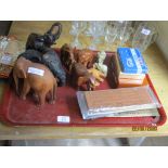 SELECTION OF VARIOUS TREEN AND STONEWARE ELEPHANT FIGURES TOGETHER WITH CRIB BOARDS, PLAYING CARDS