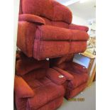 RED UPHOLSTERED THREE PIECE SUITE COMPRISING A TWO-SEATER SOFA AND TWO ARMCHAIRS