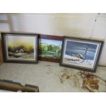 TWO CONTEMPORARY OIL PAINTINGS AND A PAINTING ON GLASS, EACH FRAME WIDTH APPROX 33CM
