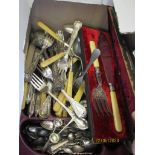 BOX CONTAINING GOOD QUANTITY OF VARIOUS BONE HANDLED AND SILVER PLATED CUTLERY
