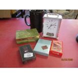 SMALL MODERN CARRIAGE CLOCK TOGETHER WITH AN ONYX CIGARETTE CASE, VARIOUS PACKETS OF CARDS ETC