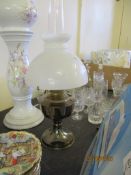 LATE 19TH/EARLY 20TH CENTURY COPPER BASE OIL LAMP, APPROX HEIGHT INC CHIMNEY 62CM