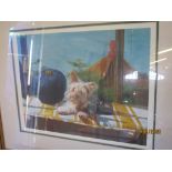 FRAMED PAINTING DEPICTING A TERRIER DOG LYING ON A WINDOWSEAT, APPROX 30CM X 40CM (FRAME APPROX 60 X