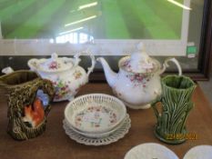 QUANTITY OF VARIOUS CERAMICS INCLUDING SYLVAC VASES, FLORAL DECORATED TEA POTS INCLUDING ROYAL