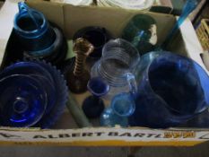 BOX CONTAINING VARIOUS BLUE AND OTHER GLASS WARE