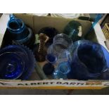 BOX CONTAINING VARIOUS BLUE AND OTHER GLASS WARE