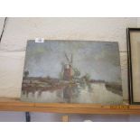 UNFRAMED OIL ON BOARD DEPICTING A WINDMILL, TITLED VERSO “MILL ON THE ANT”, WIDTH APPROX 39CM