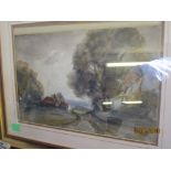 FRAMED WATERCOLOUR DEPICTING A COUNTRY SCENE WITH A COTTAGE, SIZE APPROX 25 X 35CM