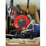 BOX OF VARIOUS HOUSEHOLD TOOLS ETC