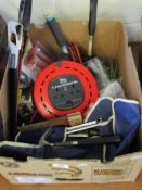 BOX OF VARIOUS HOUSEHOLD TOOLS ETC