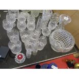 QUANTITY OF VARIOUS CUT GLASSES INCLUDING WHISKY GLASSES, ROSE BOWL, VASES ETC, TALLEST APPROX 20CM