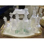 QUANTITY OF VARIOUS DECANTERS AND SMALLER STOPPERED BOTTLES, TALLEST APPROX 28CM INC STOPPER