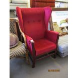UPHOLSTERED FIRESIDE CHAIR, HEIGHT APPROX 110CM