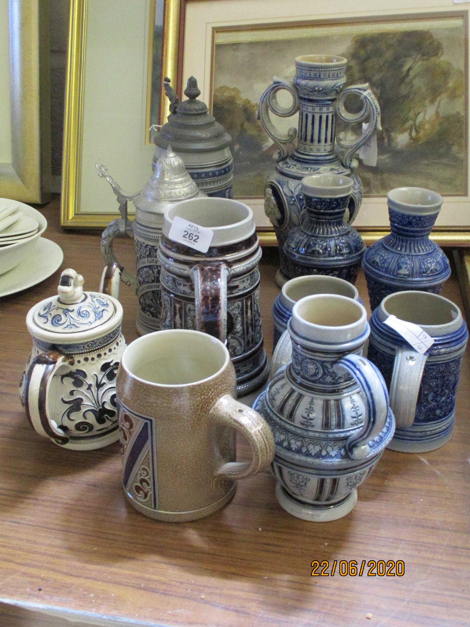 QUANTITY OF GERMAN VARIOUS SALT GLAZED PIECES INCLUDING STEINS, VASES ETC, TALLEST APPROX 30CM