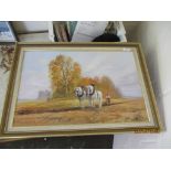 MODERN OIL PAINTING DEPICTING PLOUGHING WITH HORSES, TOTAL WIDTH INC FRAME APPROX 72CM