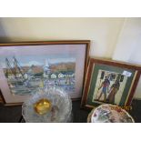 FRAMED EMBROIDERY DEPICTING A HARBOUR SCENE TOGETHER WITH A SMALL FRAMED PRINT, LARGER APPROX 47 X