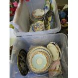 TWO BOXES OF HOUSEHOLD CLEARANCE ITEMS INCLUDING VARIOUS SAUCERS, PLATES ETC