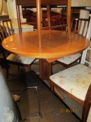 CIRCULAR EXTENDING DINING TABLE TOGETHER WITH FOUR UPHOLSTERED CHAIRS, DIAM APPROX 100CM