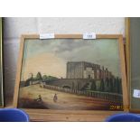 OIL ON BOARD, UNSIGNED, DEPICTING A CASTLE, POSSIBLY NORWICH, SIZE APPROX 31CM WIDE