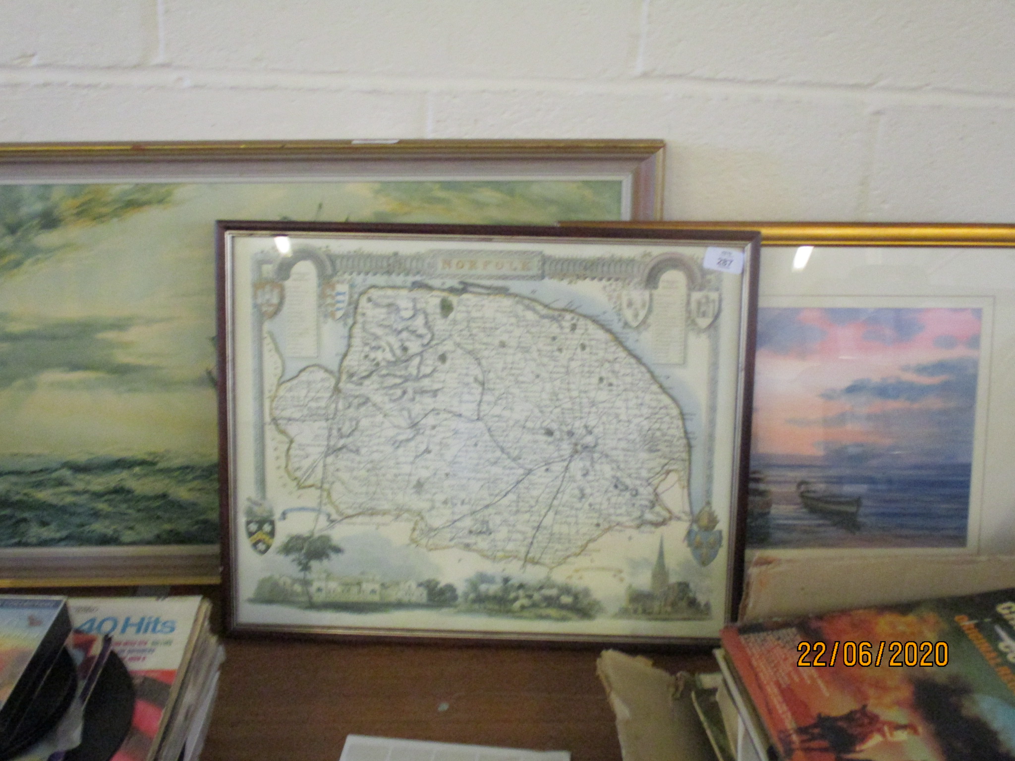 FRAMED REPRODUCTION MAP OF NORFOLK TOGETHER WITH TWO FRAMED PICTURES, THE MAP APPROX 54 X 43CM INC