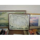 FRAMED REPRODUCTION MAP OF NORFOLK TOGETHER WITH TWO FRAMED PICTURES, THE MAP APPROX 54 X 43CM INC