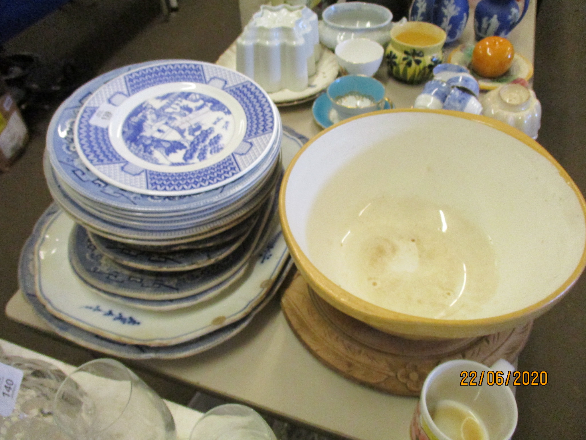 QUANTITY OF VARIOUS BLUE AND WHITE CHINA INC MEAT PLATES, TOGETHER WITH A GREEN & CO STONEWARE