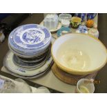 QUANTITY OF VARIOUS BLUE AND WHITE CHINA INC MEAT PLATES, TOGETHER WITH A GREEN & CO STONEWARE