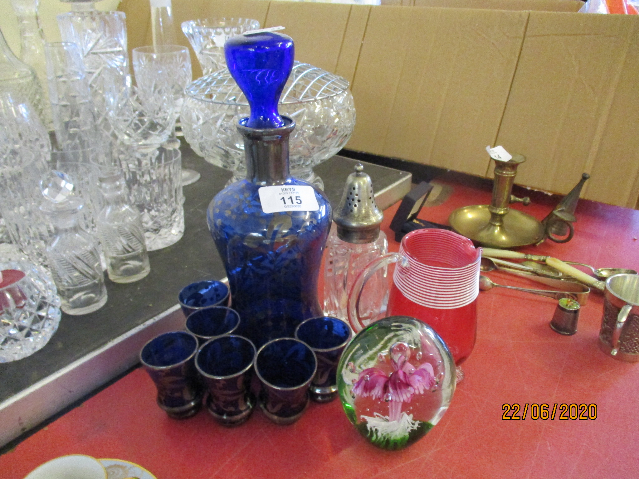 QUANTITY OF VARIOUS GLASS WARES INCLUDING PAPERWEIGHT, DECANTER, SHOT GLASSES ETC