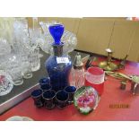 QUANTITY OF VARIOUS GLASS WARES INCLUDING PAPERWEIGHT, DECANTER, SHOT GLASSES ETC