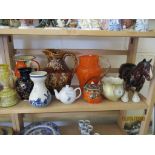 QUANTITY OF VARIOUS CERAMICS AND GLASS INCLUDING A TREACLE GLAZED WATER JUG, HORSE FIGURE ETC,